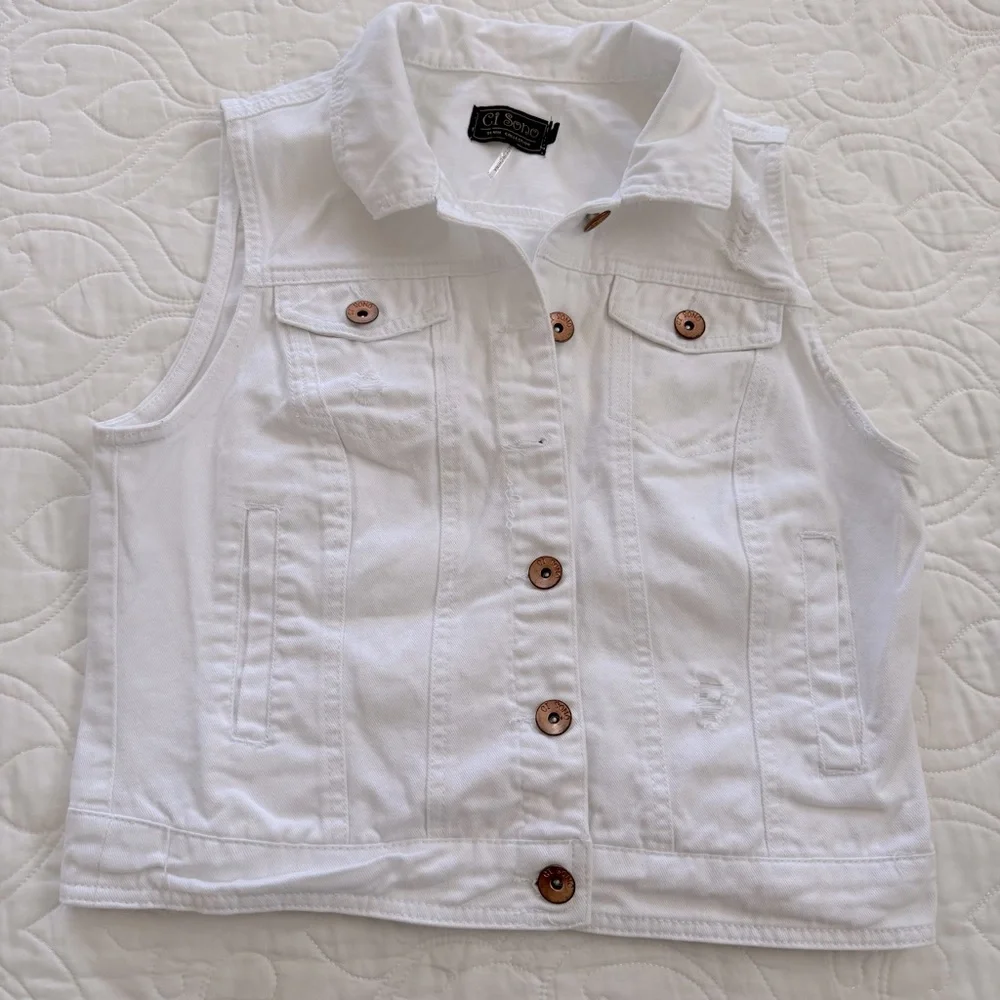 Ci Sono White Distressed Cotton Denim Jean Vest Button Details Women’s Large EUC - Picture 4 of 13